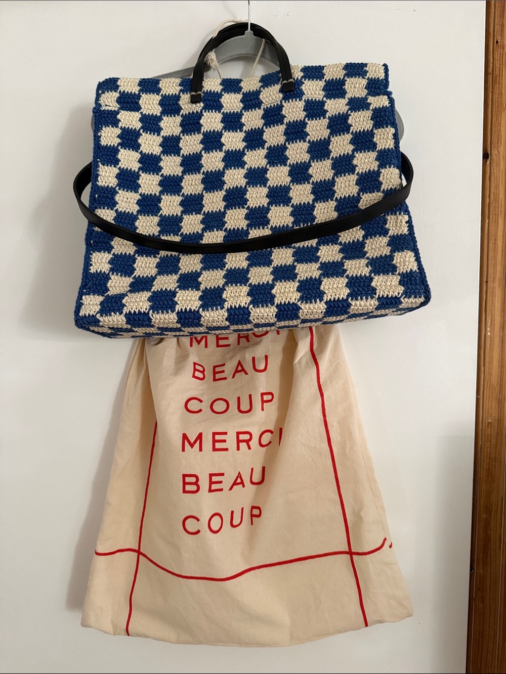 Clare V Blue and Cream Checkered Crochet Tote